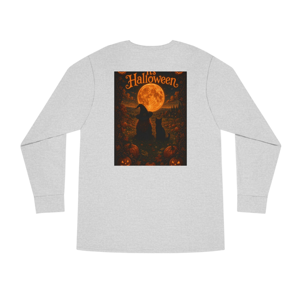Halloween Cat Long Sleeve Tee — 'Hello Halloween' Jack-O'-Lantern Graphic