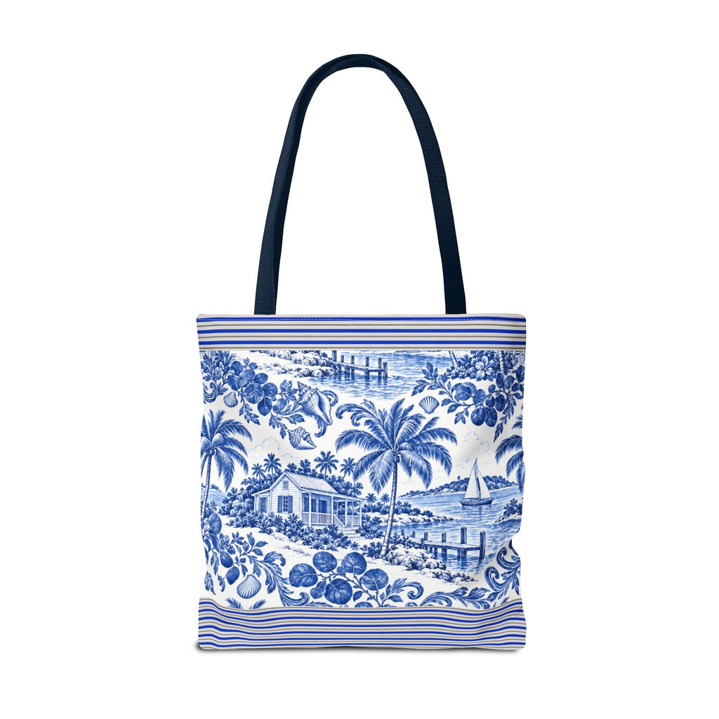 Nassau Blue Coastal Toile Tote Bag — Nautical Bahama / Palm Beach Scene All-Over Print