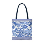 Nassau Blue Coastal Toile Tote Bag — Nautical Bahama / Palm Beach Scene All-Over Print