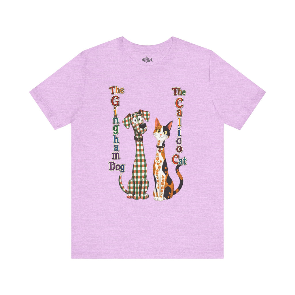 Gingham Dog & Calico Cat Tee — Plaid Pet Illustration T-Shirt