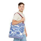 Nassau Blue Coastal Toile Tote Bag — Nautical Bahama / Palm Beach Scene All-Over Print