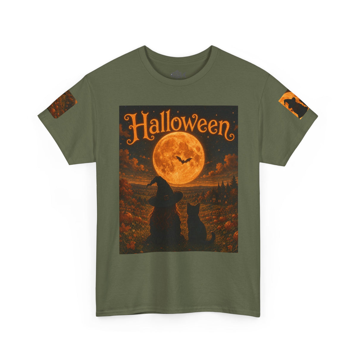 Halloween Graphic Tee — "It's Halloween" Witch & Cat Moon Design