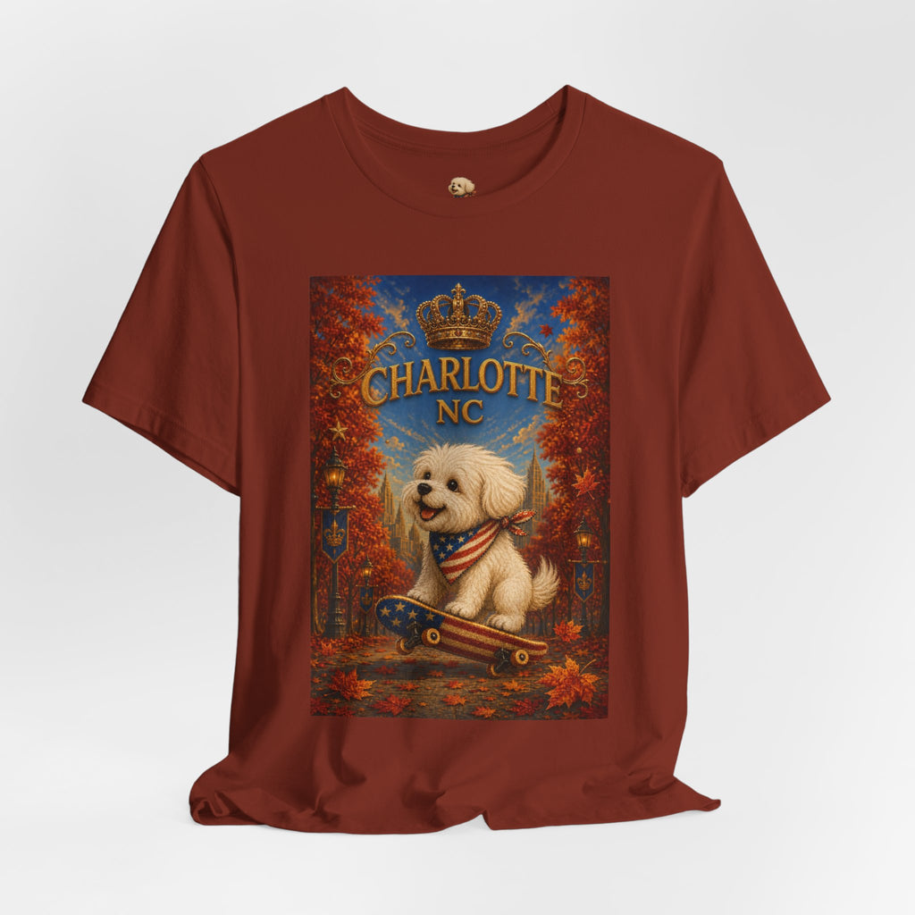 Charlotte NC Dog Tee — Cute Pup on Skateboard Patriotic T‑Shirt