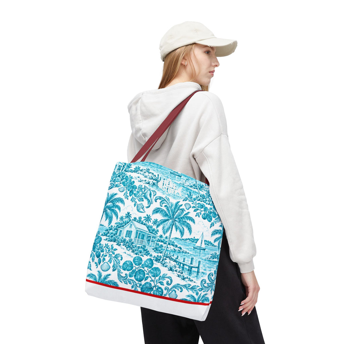 Turquoise coastal Toile Tote Bag- Palm Trees & Island Houses.