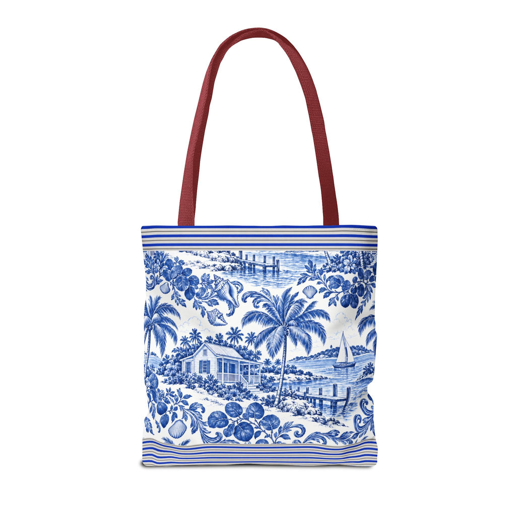 Nassau Blue Coastal Toile Tote Bag — Nautical Bahama / Palm Beach Scene All-Over Print