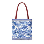 Nassau Blue Coastal Toile Tote Bag — Nautical Bahama / Palm Beach Scene All-Over Print