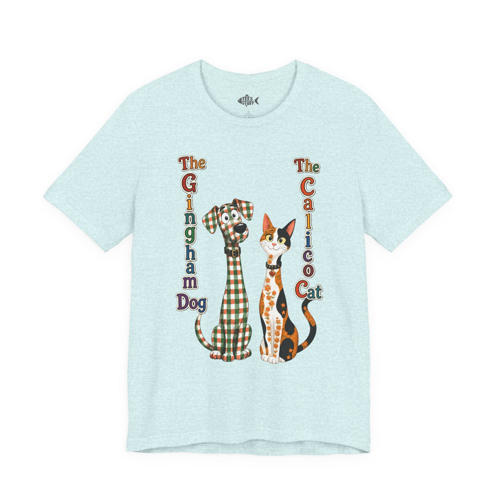 Gingham Dog & Calico Cat Tee — Plaid Pet Illustration T-Shirt