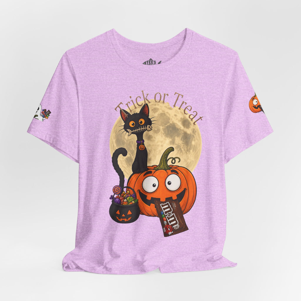 Light Purple / Back, Front, sleeves design Halloween T-shirt with a black cat orange pumpkin, full moon trick or treat candy bucket with candy and "Trick or Treat" text.