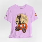 Light Purple / Back, Front, sleeves design Halloween T-shirt with a black cat orange pumpkin, full moon trick or treat candy bucket with candy and "Trick or Treat" text.