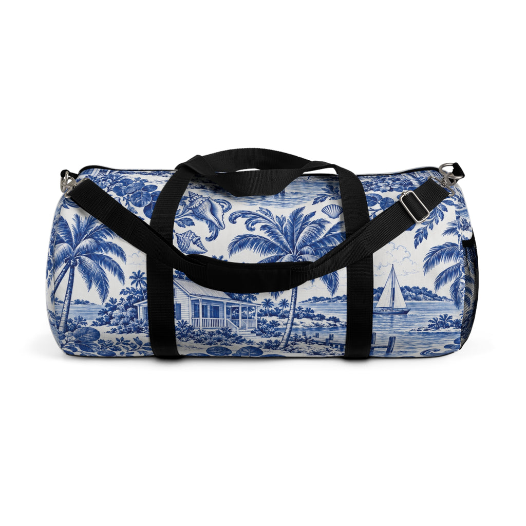 Tropical Blue Toile Duffel Bag — Coastal Palm & Sailboat Weekend Bag