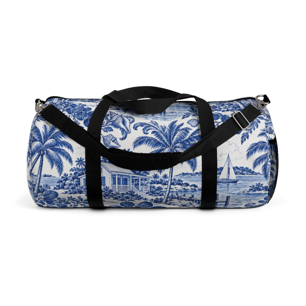 Tropical Blue Toile Duffel Bag — Coastal Palm & Sailboat Weekend Bag