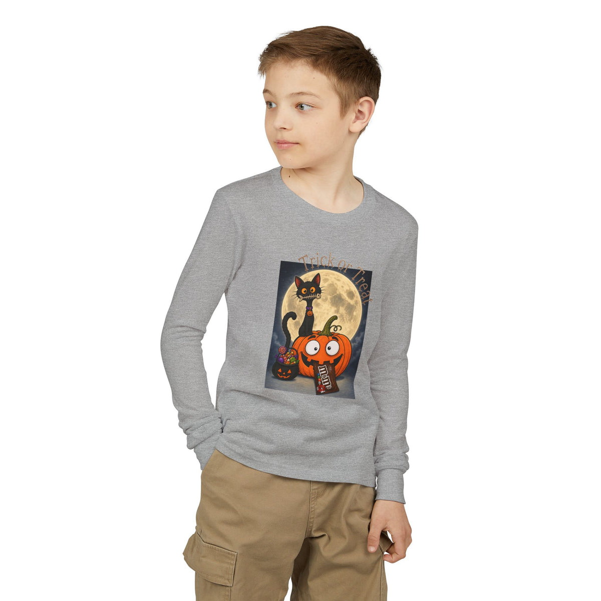 Kids' Halloween Long Sleeve Tee — 'Trick or Treat' Black Cat & Pumpkin Design