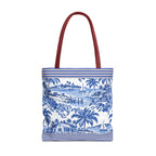 Nassau Blue Coastal Toile Tote Bag — Nautical Bahama / Palm Beach Scene All-Over Print