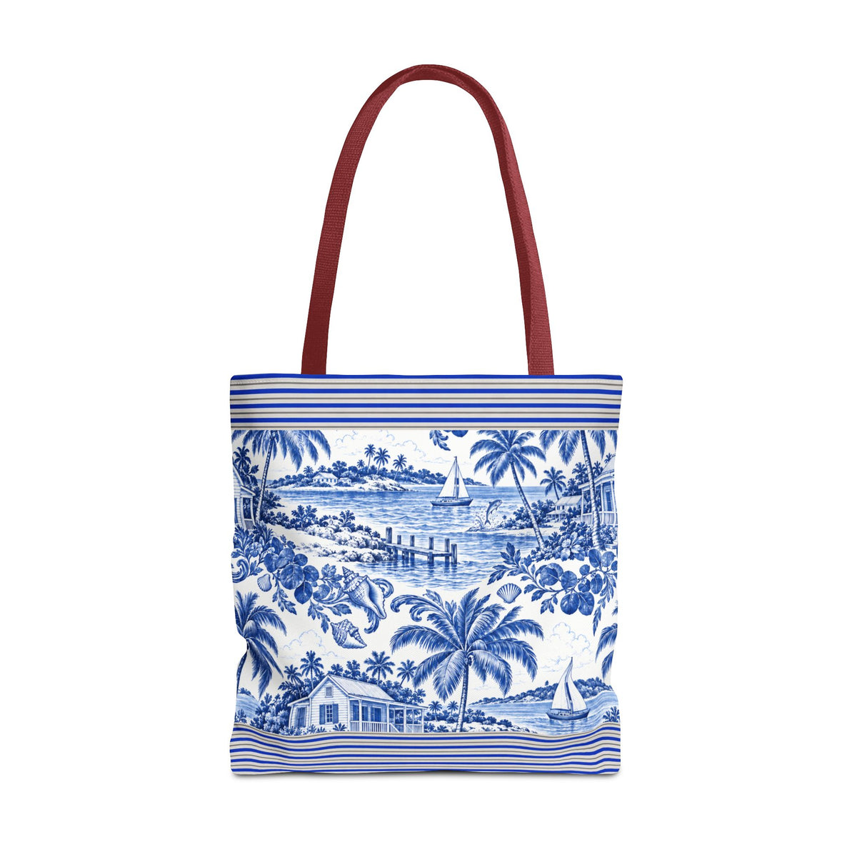 Nassau Blue Coastal Toile Tote Bag — Nautical Bahama / Palm Beach Scene All-Over Print
