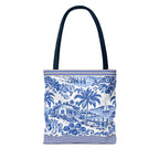 Nassau Blue Coastal Toile Tote Bag — Nautical Bahama / Palm Beach Scene All-Over Print