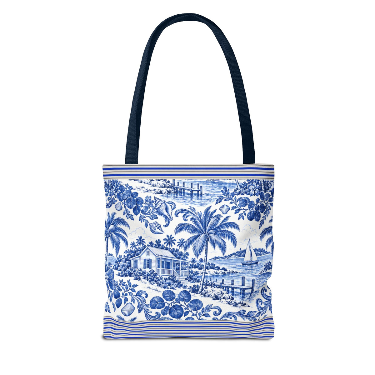 Nassau Blue Coastal Toile Tote Bag — Nautical Bahama / Palm Beach Scene All-Over Print
