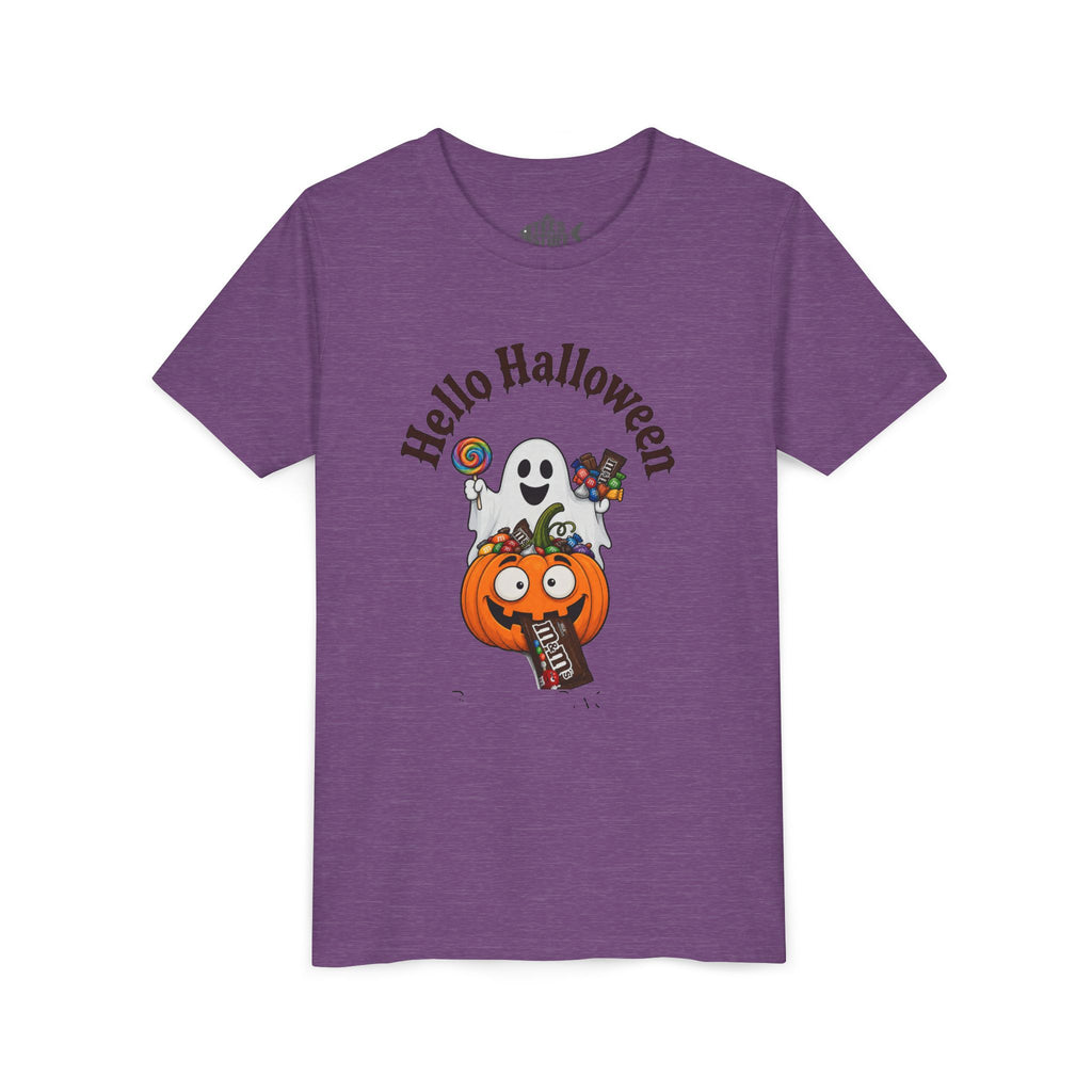 Youth Halloween Tee - "Hello Halloween" Ghost & Pumpkin Trick-or-Treat Shirt