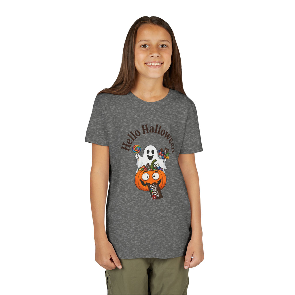 Youth Halloween Tee - "Hello Halloween" Ghost & Pumpkin Trick-or-Treat Shirt