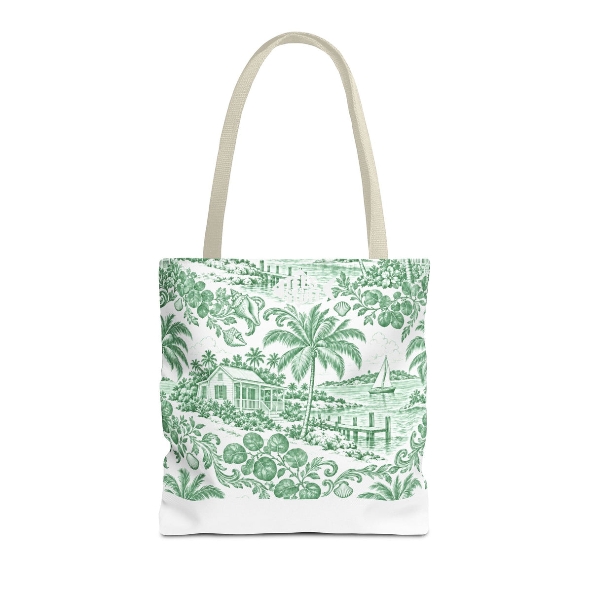 Green Coastal Toile Tote Bag- Palm Trees & Island Houses