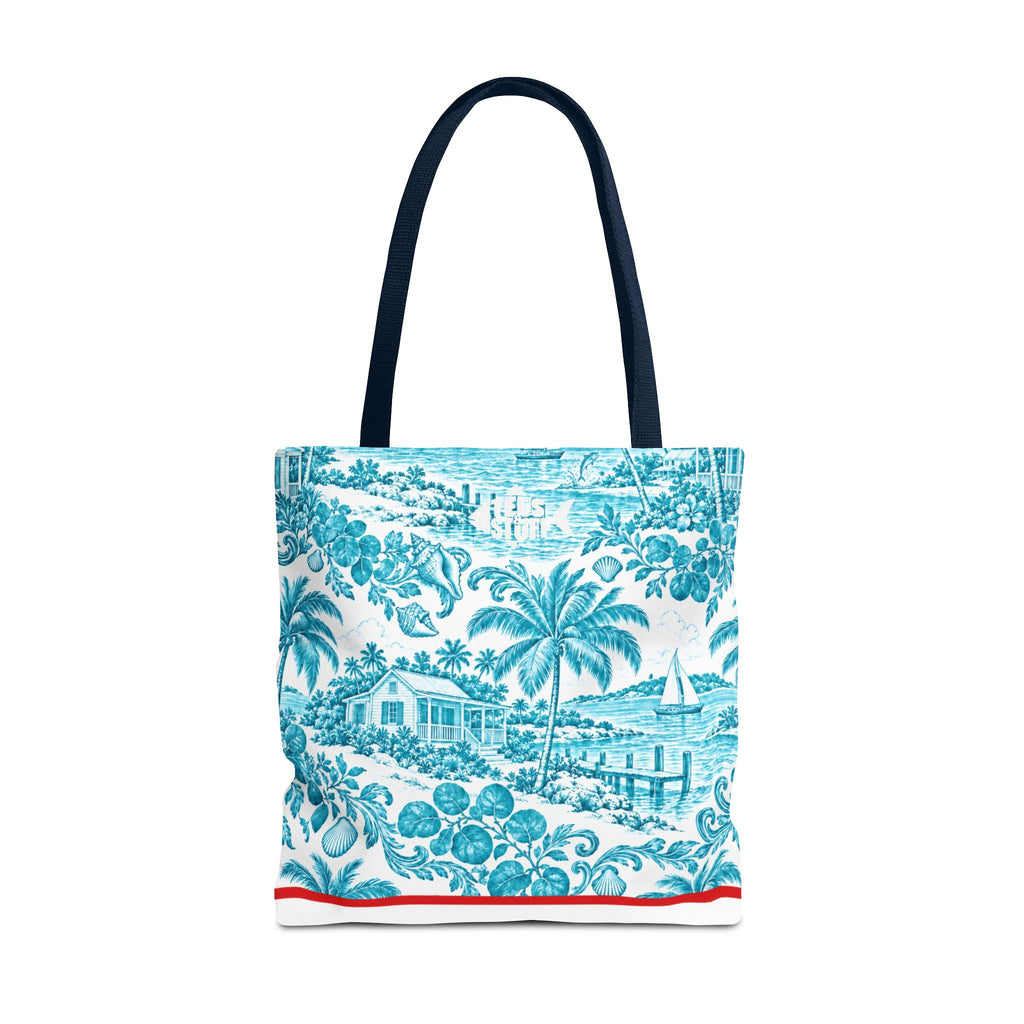 Turquoise coastal Toile Tote Bag- Palm Trees & Island Houses.