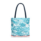 Turquoise coastal Toile Tote Bag- Palm Trees & Island Houses.