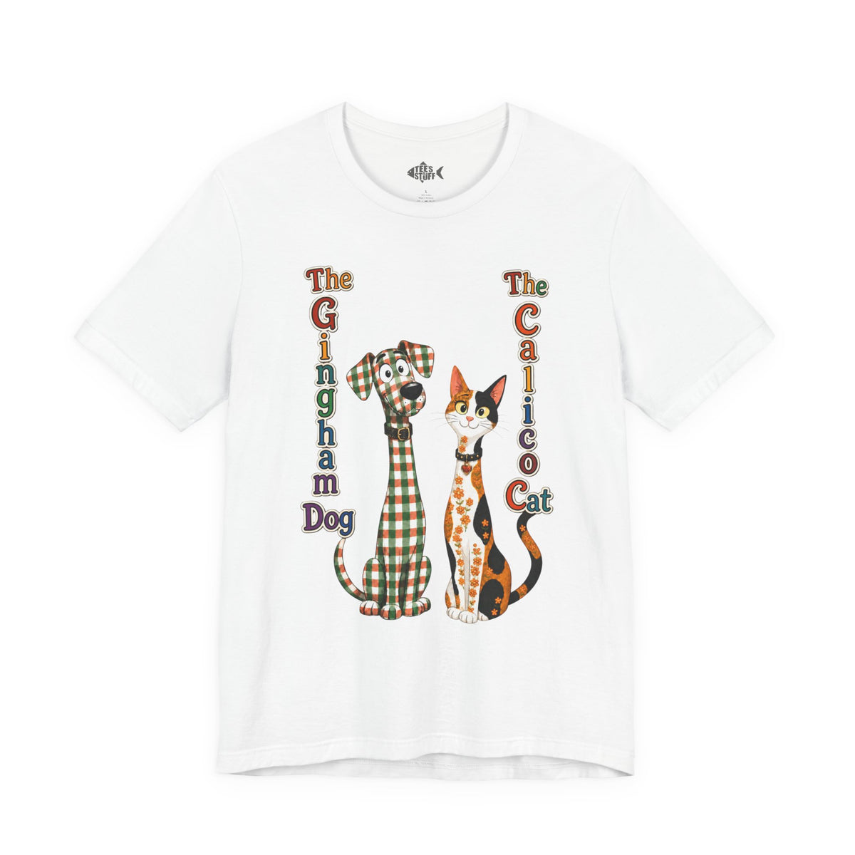 Gingham Dog & Calico Cat Tee — Plaid Pet Illustration T-Shirt