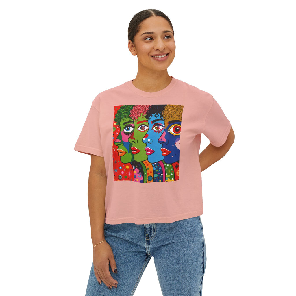 Women's Boxy Tee — Colorful Pop Art Faces Graphic Cropped T‑Shirt