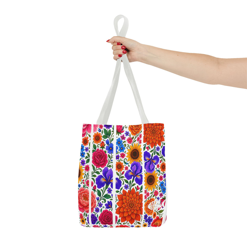 Floral Stripe Tote Bag — Bright Mexican Folk Art Flowers AOP