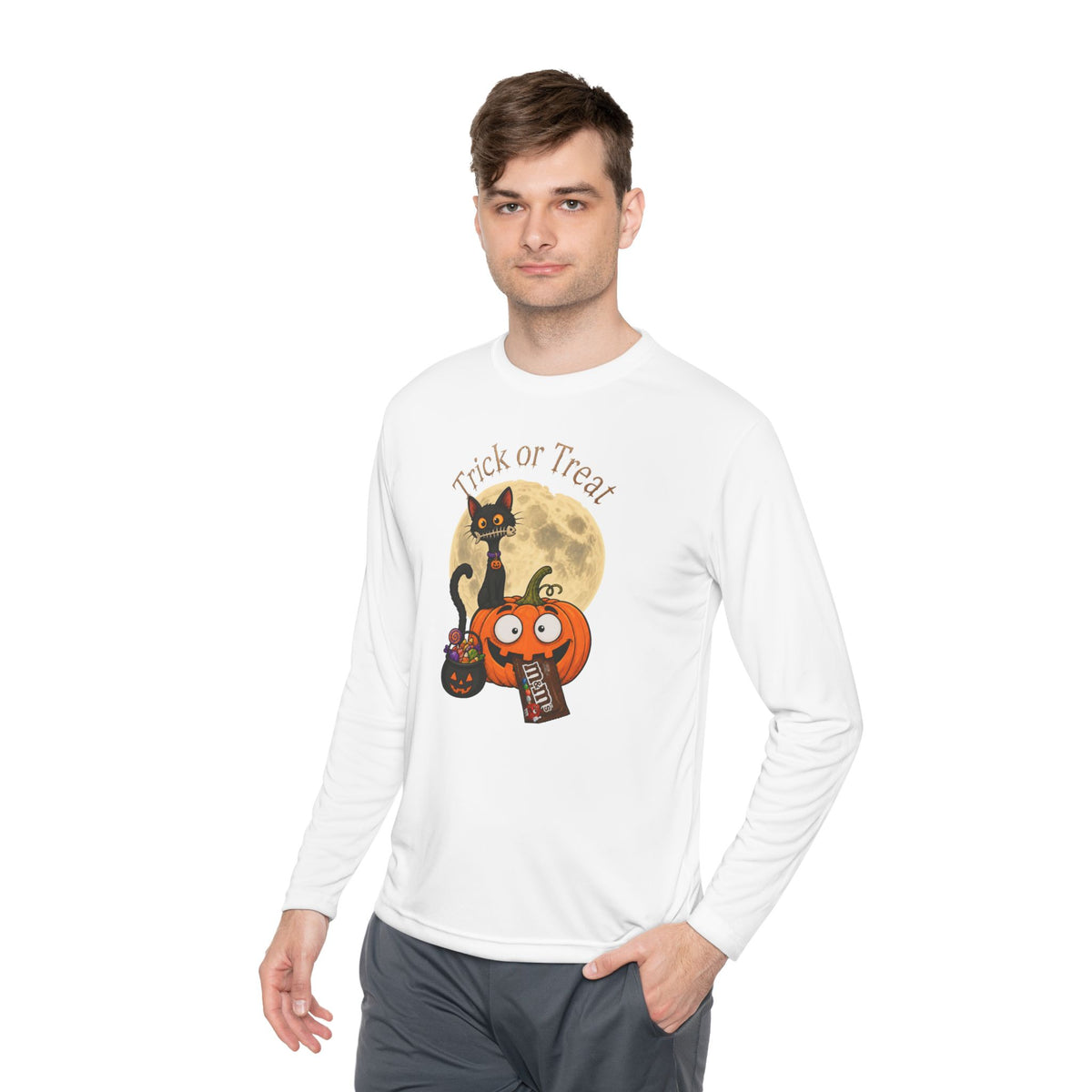Halloween Pumpkin & Black Cat Long Sleeve Tee — "Trick or Treat / Hello Halloween"